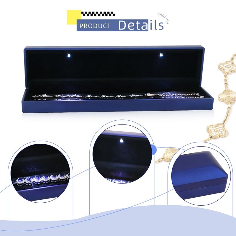 iSuperb LED Light Long Necklace Box Chain Bracelet Box Jewelry Display Case 9x 2.2x1.4 inches Storage Deep Blue Jewelry Gift Box - Image 3